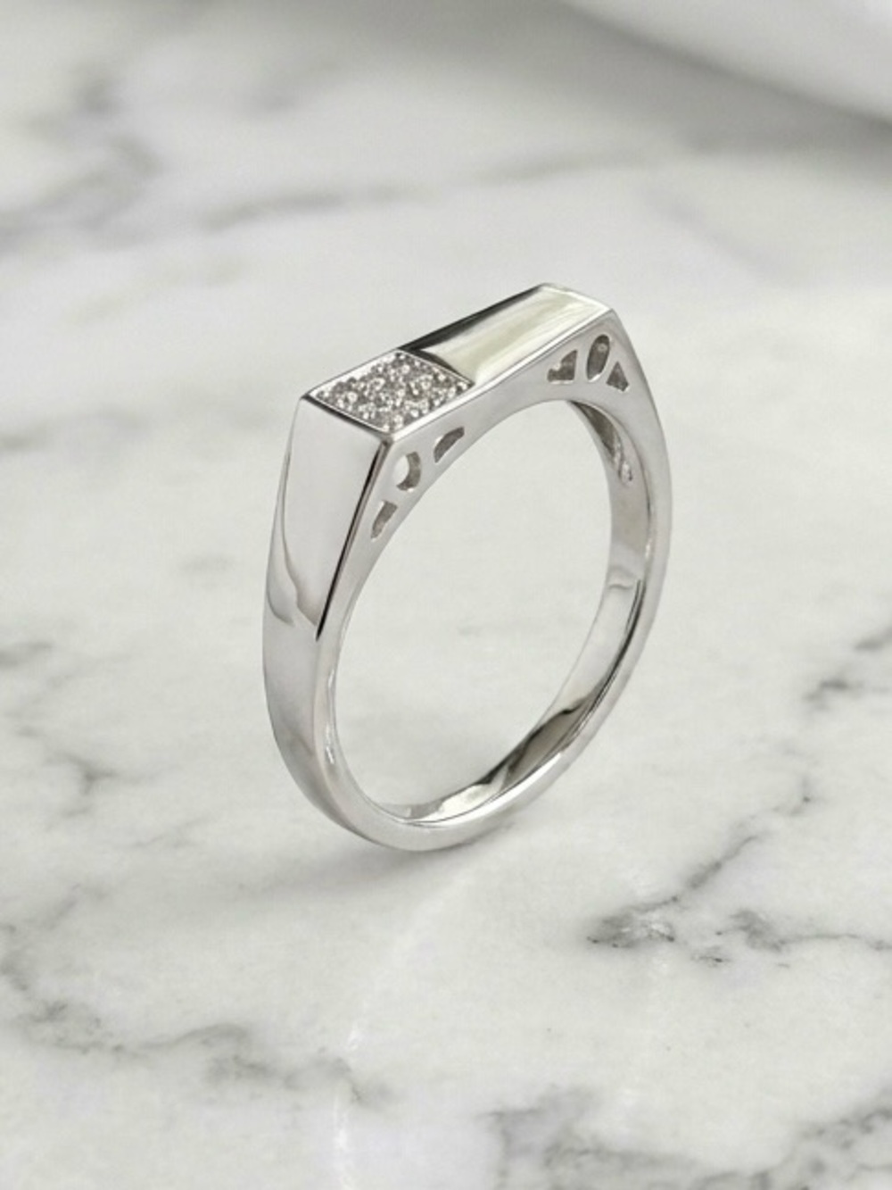 Platinum Plated Signet Ring w/ Micro Pavé CZ Stones | Geometric Silver Band Ring